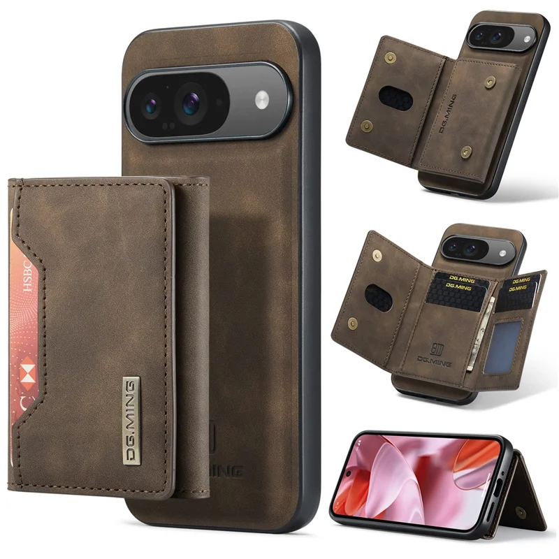 DG.MING M2 Series for Google Pixel 9 Pro / Pixel 9 Case PU+PC+TPU Phone Cover Detachable Wallet - Coffee