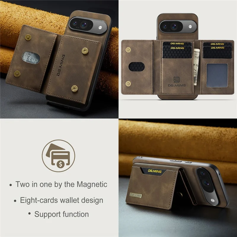 DG.MING M2 Series for Google Pixel 9 Pro / Pixel 9 Case PU+PC+TPU Phone Cover Detachable Wallet - Coffee