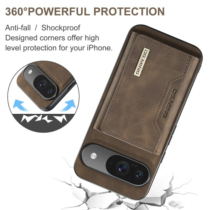 DG.MING M2 Series for Google Pixel 9 Pro / Pixel 9 Case PU+PC+TPU Phone Cover Detachable Wallet - Coffee