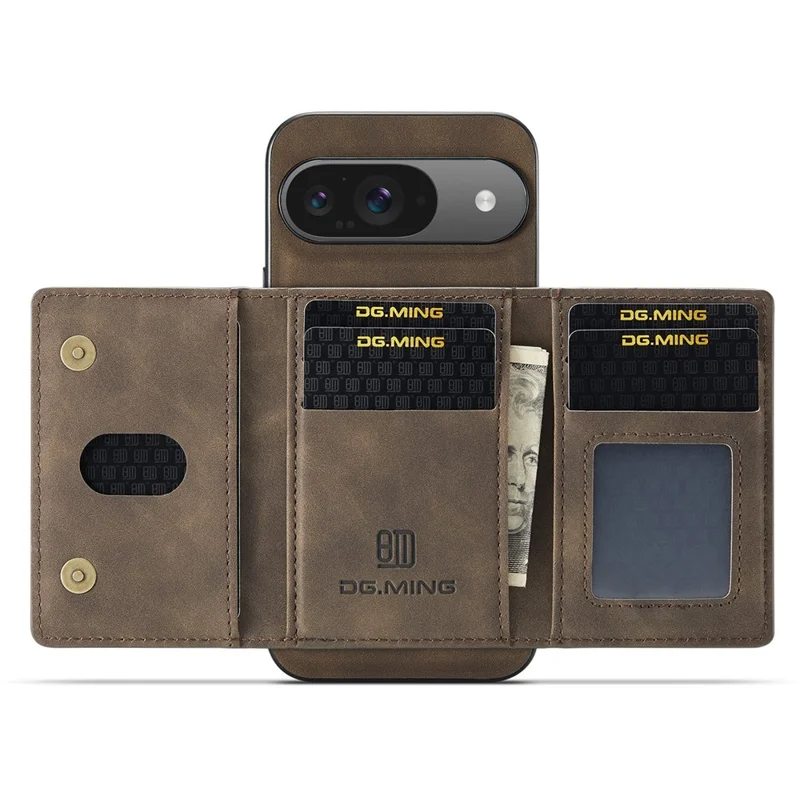 DG.MING M2 Series for Google Pixel 9 Pro / Pixel 9 Case PU+PC+TPU Phone Cover Detachable Wallet - Coffee