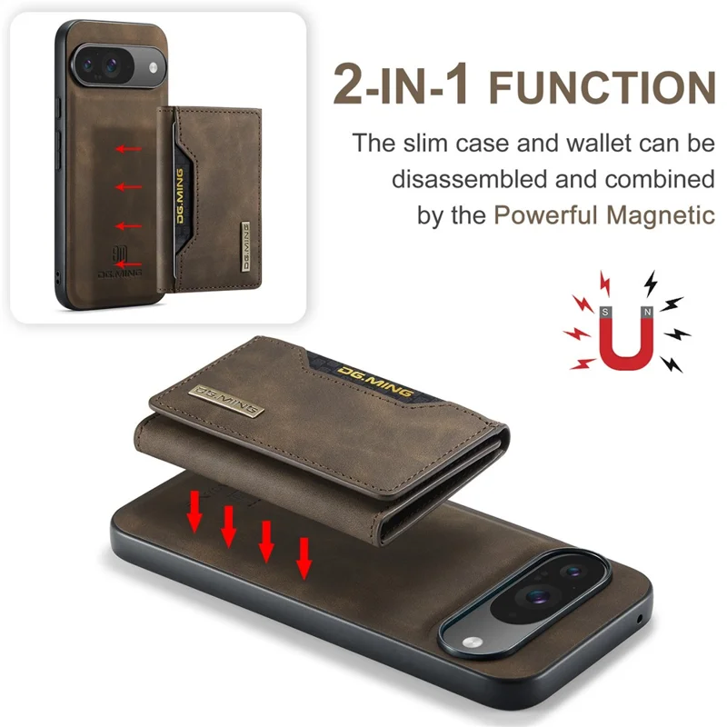 DG.MING M2 Series for Google Pixel 9 Pro / Pixel 9 Case PU+PC+TPU Phone Cover Detachable Wallet - Coffee