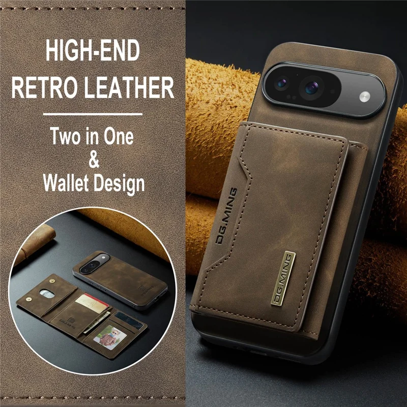 DG.MING M2 Series for Google Pixel 9 Pro / Pixel 9 Case PU+PC+TPU Phone Cover Detachable Wallet - Coffee