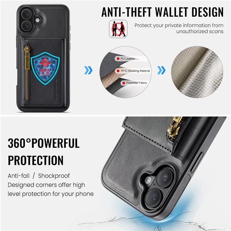 Текущий. Серия Ming M5 Для Iphone 16 Case Съемный Магнитный Кожаный Телефон с Картами Слотами - Черный