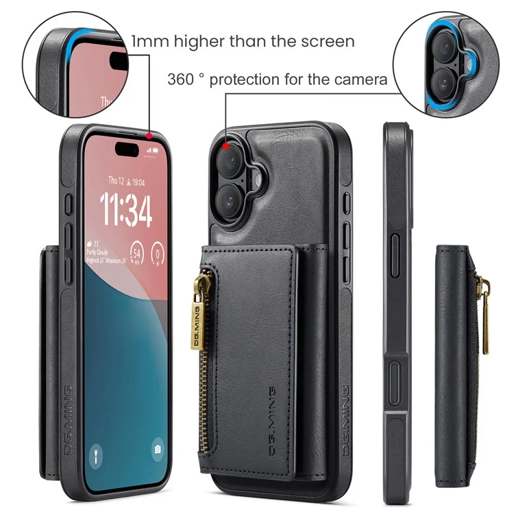 Текущий. Серия Ming M5 Для Iphone 16 Case Съемный Магнитный Кожаный Телефон с Картами Слотами - Черный