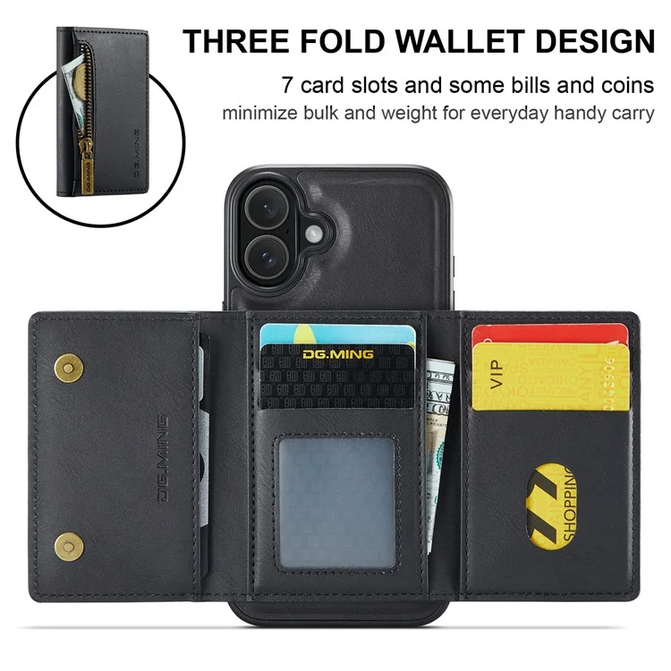 Текущий. Серия Ming M5 Для Iphone 16 Case Съемный Магнитный Кожаный Телефон с Картами Слотами - Черный