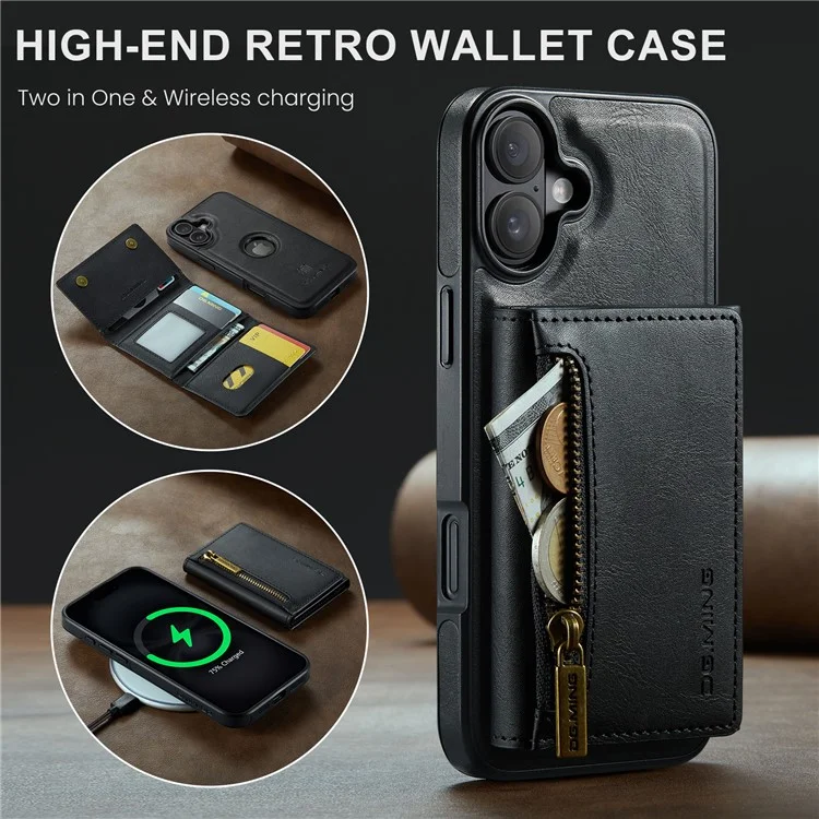 Текущий. Серия Ming M5 Для Iphone 16 Case Съемный Магнитный Кожаный Телефон с Картами Слотами - Черный