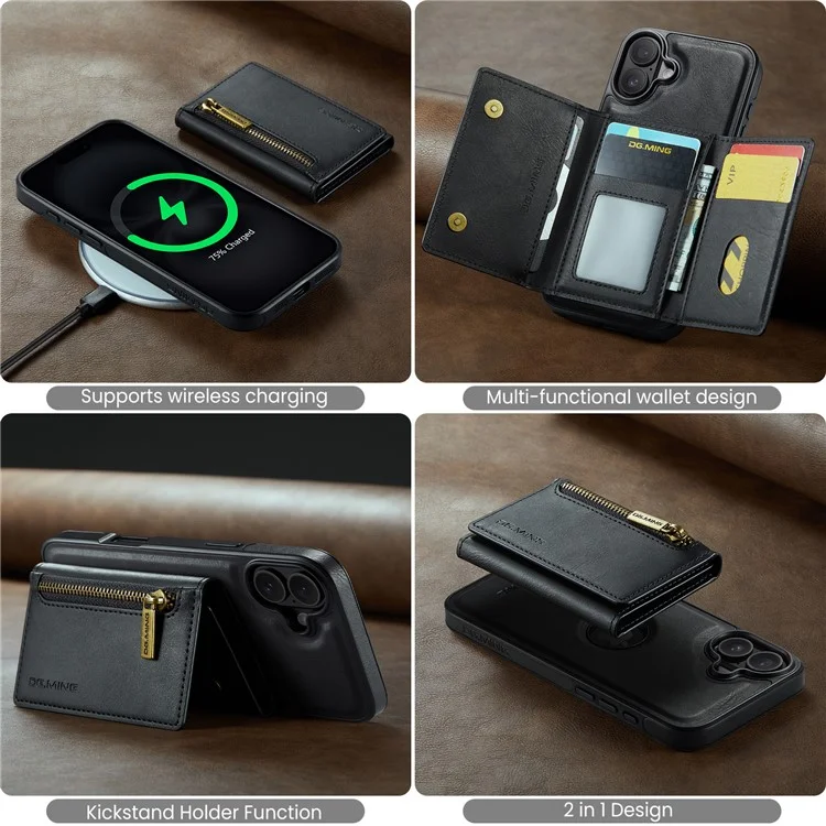 Текущий. Серия Ming M5 Для Iphone 16 Case Съемный Магнитный Кожаный Телефон с Картами Слотами - Черный