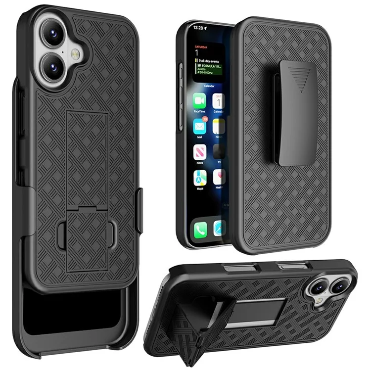 For iPhone 16 Plus Case PC+TPU Sliding Screen Cover Kickstand Phone Shell with Clip