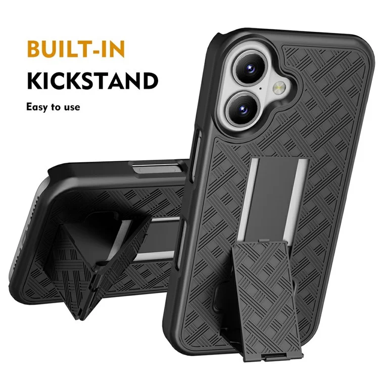 For iPhone 16 Plus Case PC+TPU Sliding Screen Cover Kickstand Phone Shell with Clip