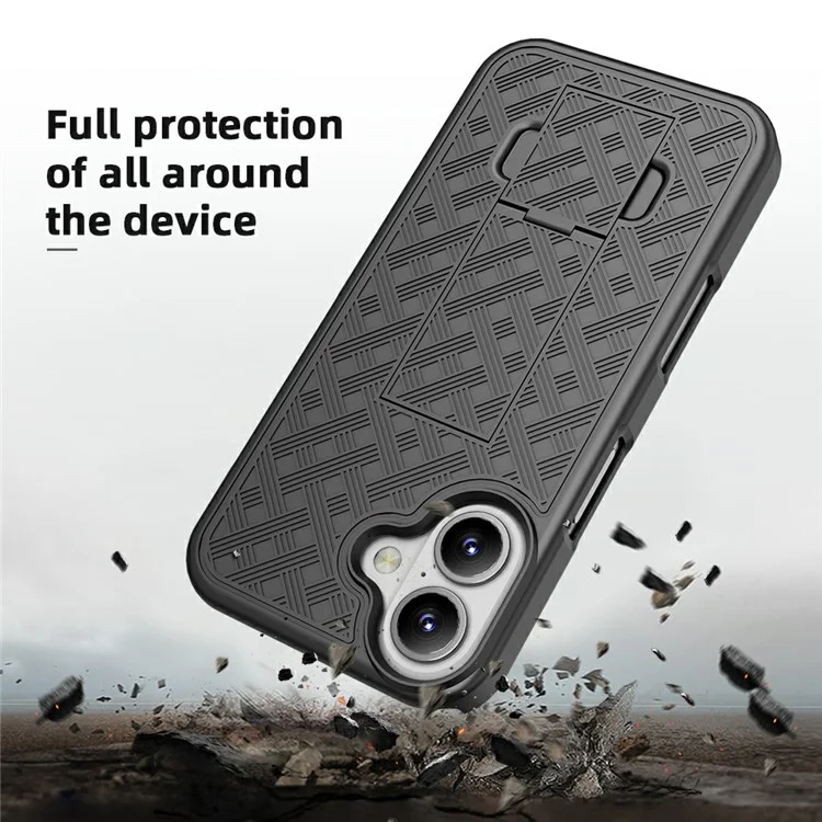 For iPhone 16 Plus Case PC+TPU Sliding Screen Cover Kickstand Phone Shell with Clip