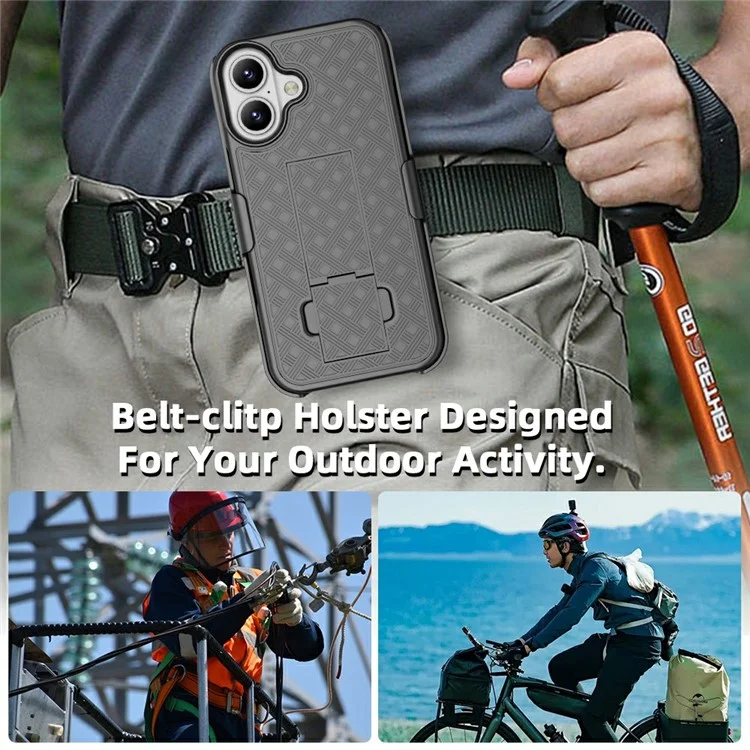 For iPhone 16 Plus Case PC+TPU Sliding Screen Cover Kickstand Phone Shell with Clip