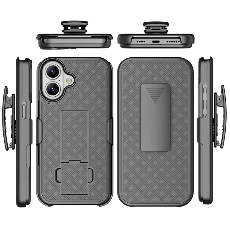 For iPhone 16 Plus Case PC+TPU Sliding Screen Cover Kickstand Phone Shell with Clip
