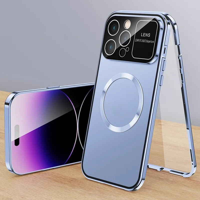 For iPhone 16 Pro Max Case Compatible with MagSafe Double-Sided Tempered Glass+Metal Phone Cover - Blue / HD Clear