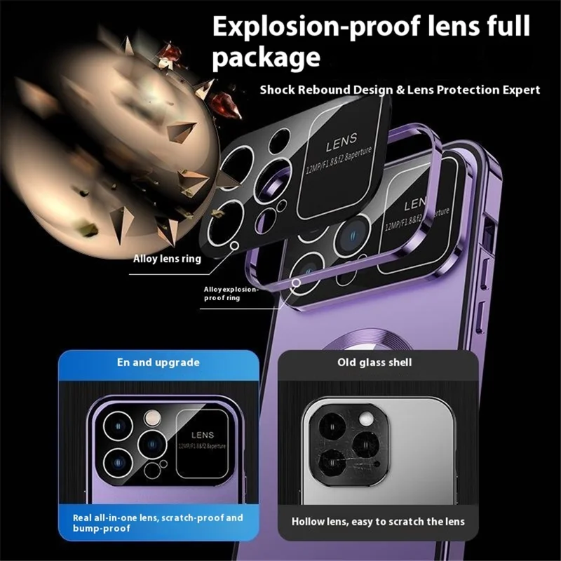 For iPhone 16 Pro Max Case Compatible with MagSafe Double-Sided Tempered Glass+Metal Phone Cover - Blue / HD Clear