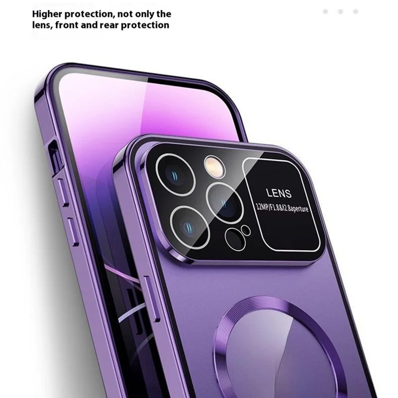 For iPhone 16 Pro Max Case Compatible with MagSafe Double-Sided Tempered Glass+Metal Phone Cover - Silver / Anti-Peep