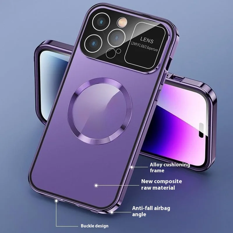 For iPhone 16 Pro Max Case Compatible with MagSafe Double-Sided Tempered Glass+Metal Phone Cover - Silver / Anti-Peep
