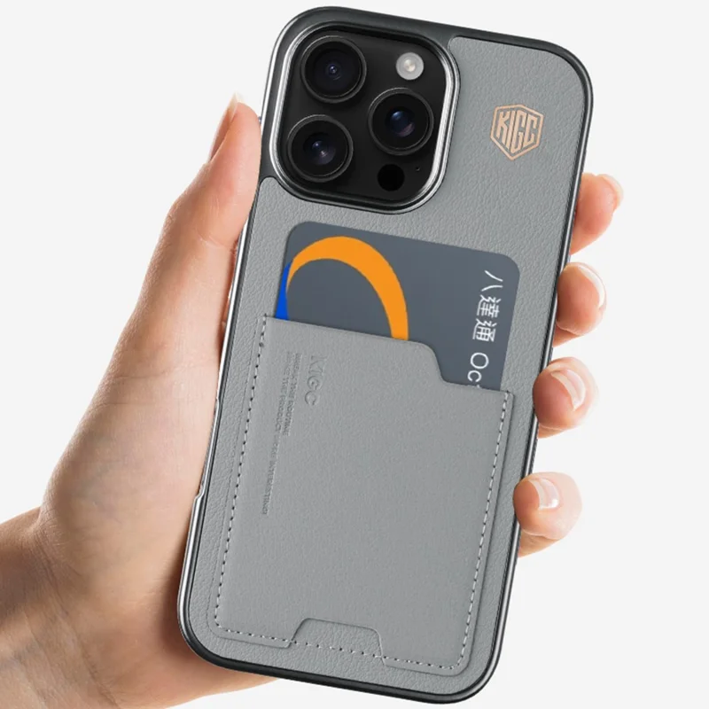 KIGC voor iPhone 16 Pro hoesje Leer+PC+TPU Electrolytisch bedekt telefoonhoesje met kaarthouder - Zwart
