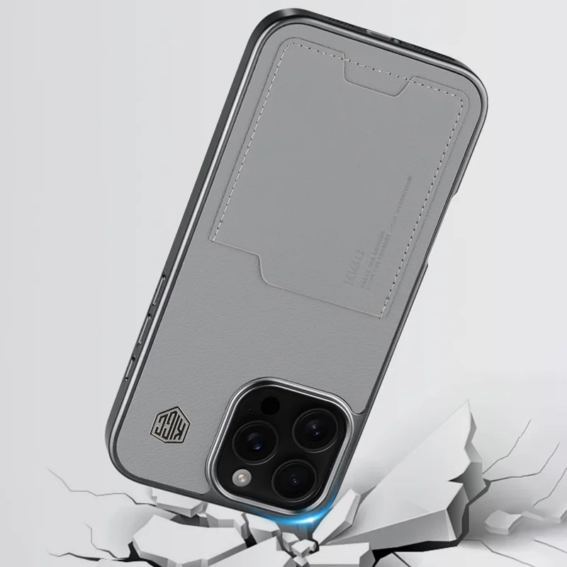KIGC Pour Iphone 16 Pro Max Case Leather + pc + Tpu Electroplasing Phone Cover Avec Porte-carte - Gris