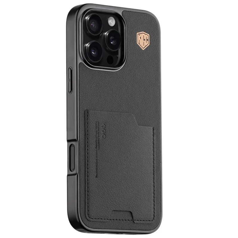KIGC For iPhone 16 Pro Max Case Leather+PC+TPU Electroplating Phone Cover with Card Holder - Black