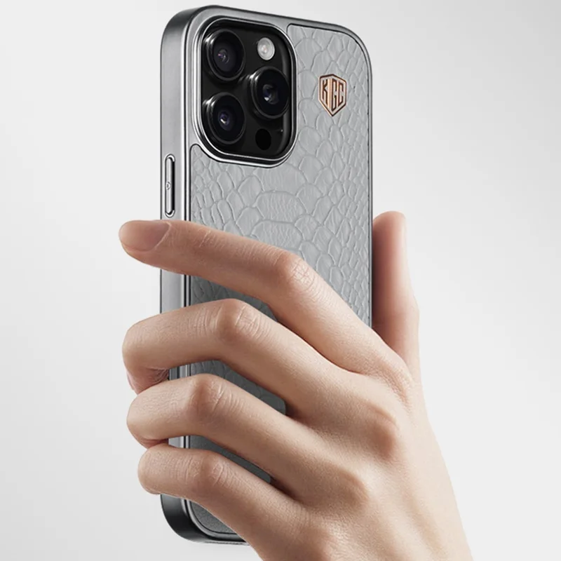 KIGC For iPhone 16 Pro Max Case Crocodile Texture Leather+PC+TPU Electroplating Phone Cover - Titanium Gold