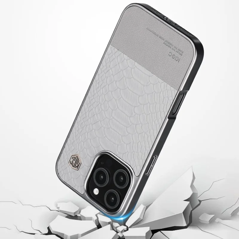 KIGC For iPhone 16 Pro Max Case Crocodile Texture Leather+PC+TPU Electroplating Phone Cover - Titanium Gold