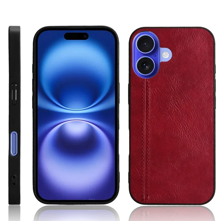 For iPhone 16 Case Leather+TPU+PC Phone Cover Stitching Line - Red