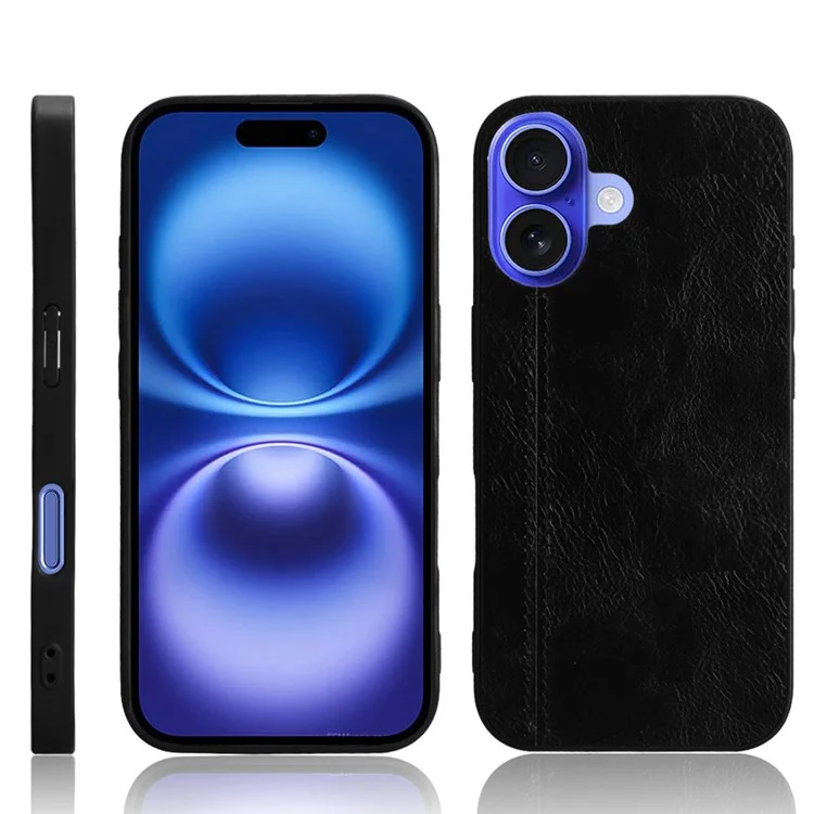For iPhone 16 Plus Case Leather+TPU+PC Phone Cover Stitching Line - Black