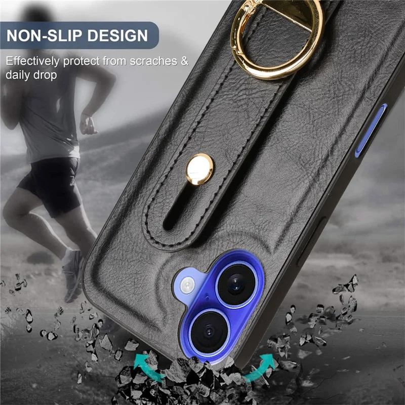 Para Iphone 16 Case Wallband Kickstand Leather+PC+TPU Telephip Cover With Bottle Abrener - Negro