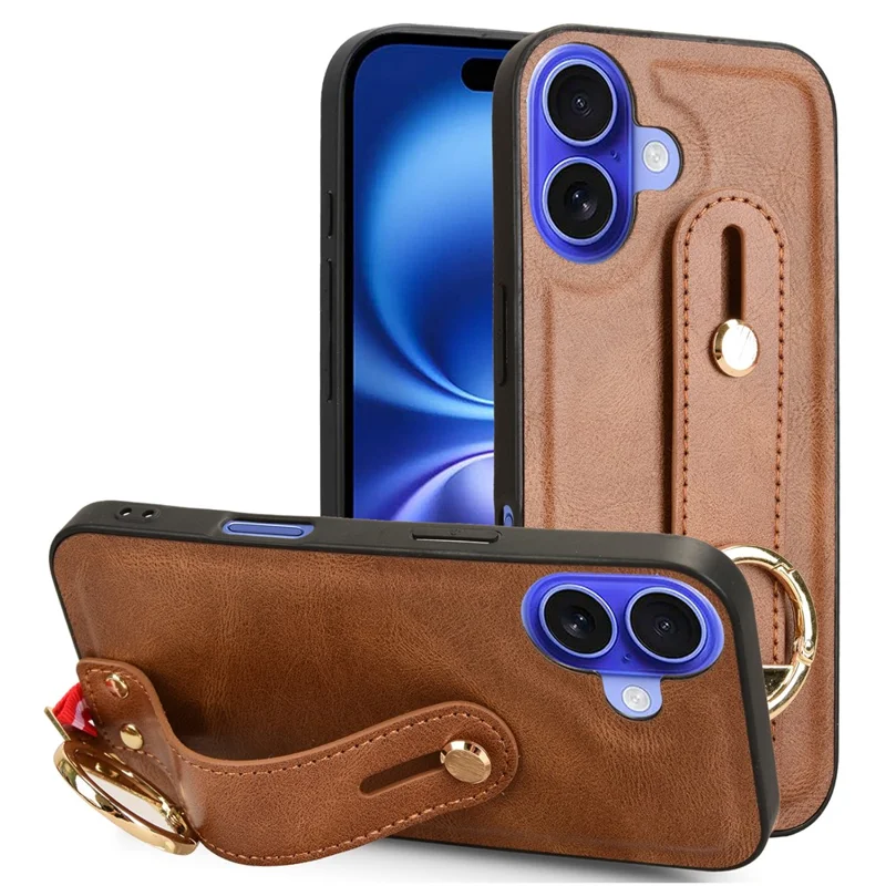 For iPhone 16 Plus Case Wristband Kickstand Leather+PC+TPU Phone Cover with Bottle Opener - Brown