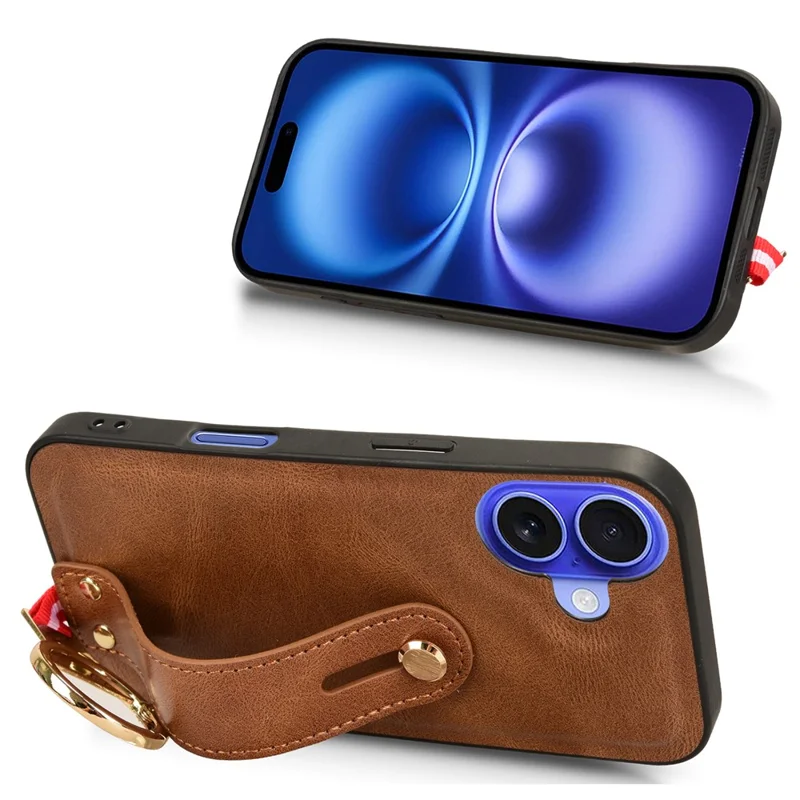 For iPhone 16 Plus Case Wristband Kickstand Leather+PC+TPU Phone Cover with Bottle Opener - Brown