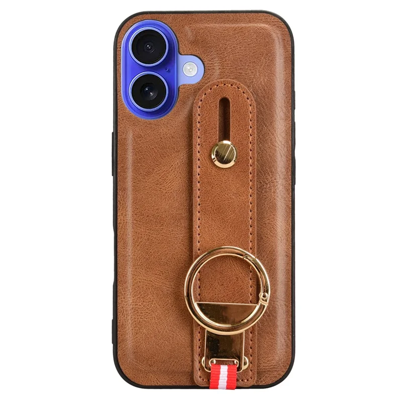 For iPhone 16 Plus Case Wristband Kickstand Leather+PC+TPU Phone Cover with Bottle Opener - Brown