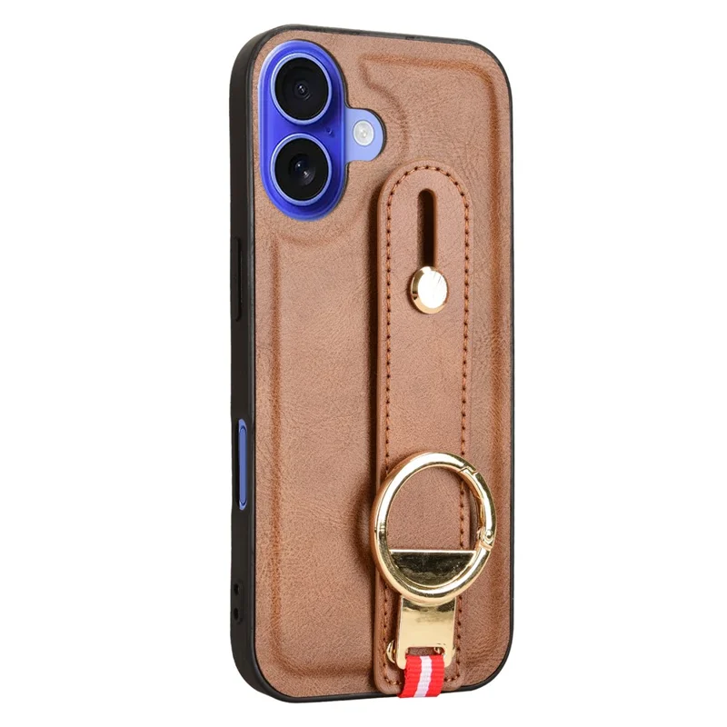 For iPhone 16 Plus Case Wristband Kickstand Leather+PC+TPU Phone Cover with Bottle Opener - Brown