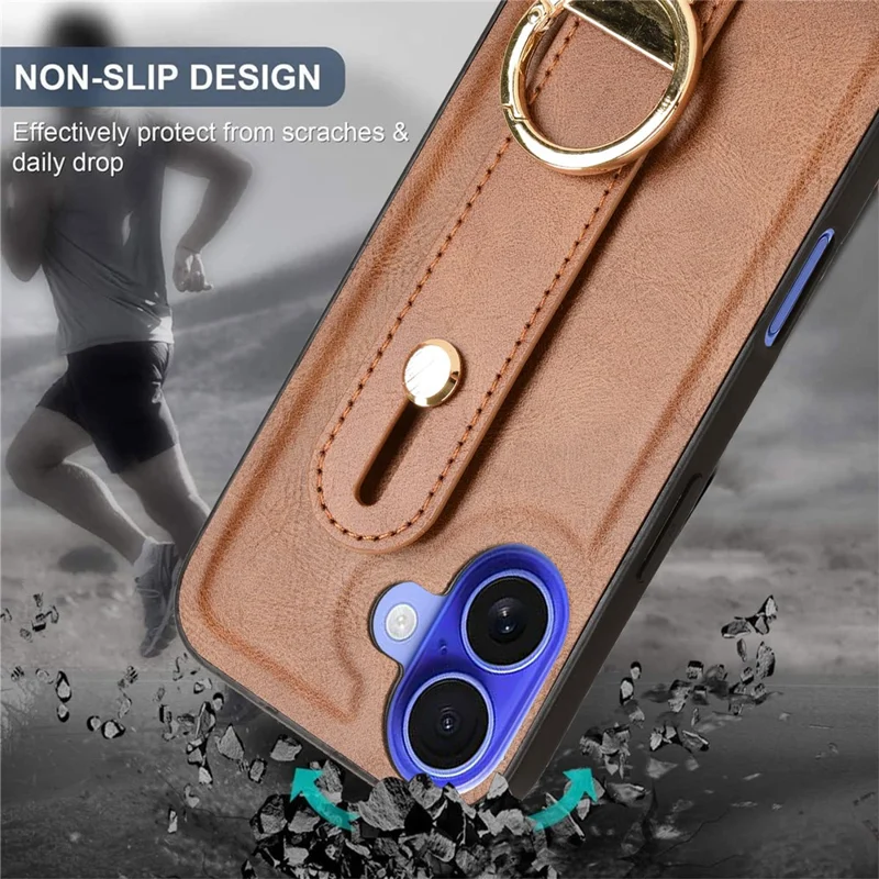 For iPhone 16 Plus Case Wristband Kickstand Leather+PC+TPU Phone Cover with Bottle Opener - Brown