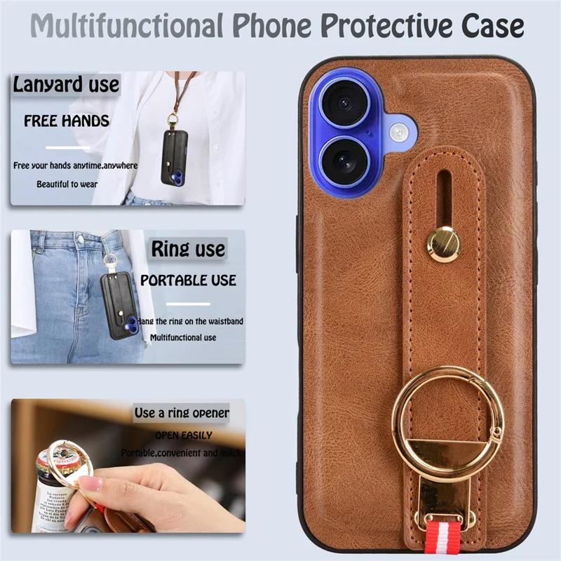 For iPhone 16 Plus Case Wristband Kickstand Leather+PC+TPU Phone Cover with Bottle Opener - Brown
