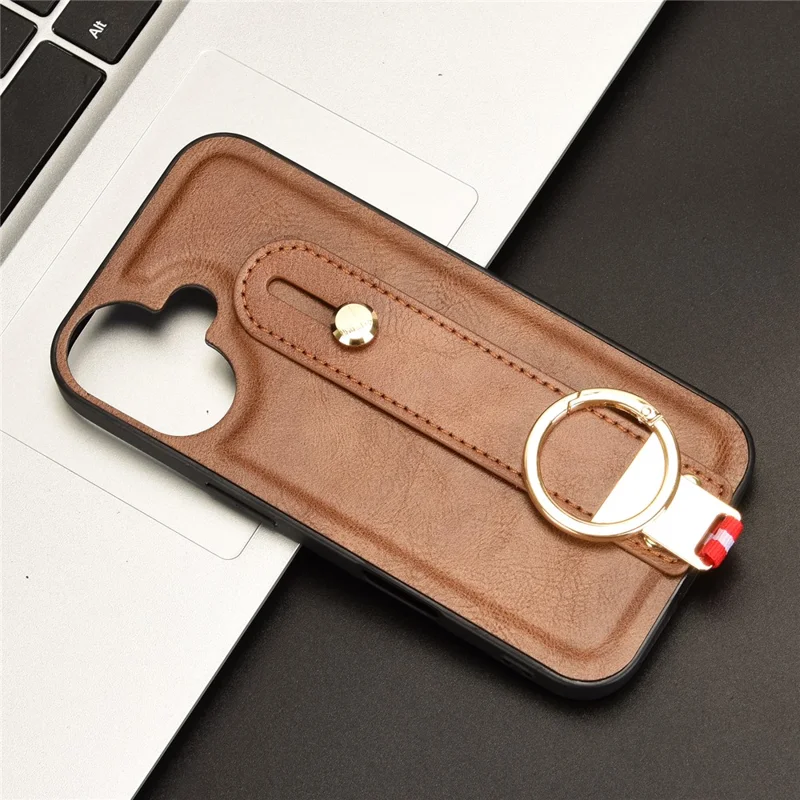 For iPhone 16 Plus Case Wristband Kickstand Leather+PC+TPU Phone Cover with Bottle Opener - Brown
