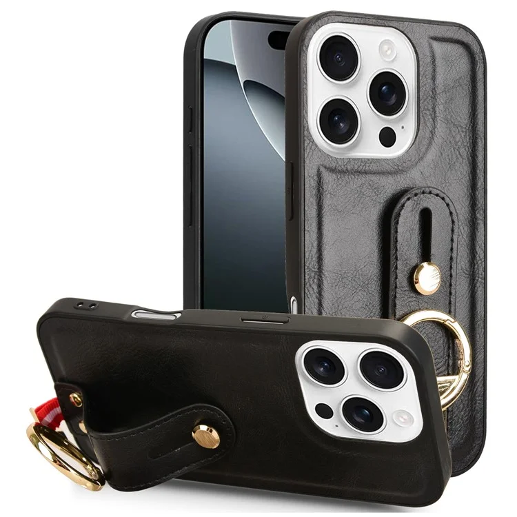 Pour Iphone 16 Pro Max Case Wristband Kickstand Leather + pc + Tpu Téléphone Couvercle Avec Ouvre-bouteille - Noir