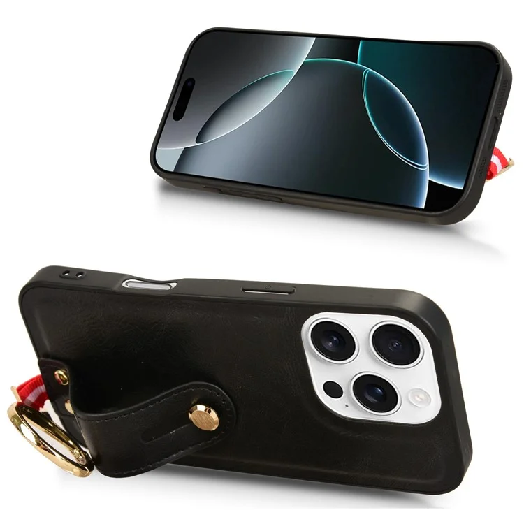 Pour Iphone 16 Pro Max Case Wristband Kickstand Leather + pc + Tpu Téléphone Couvercle Avec Ouvre-bouteille - Noir