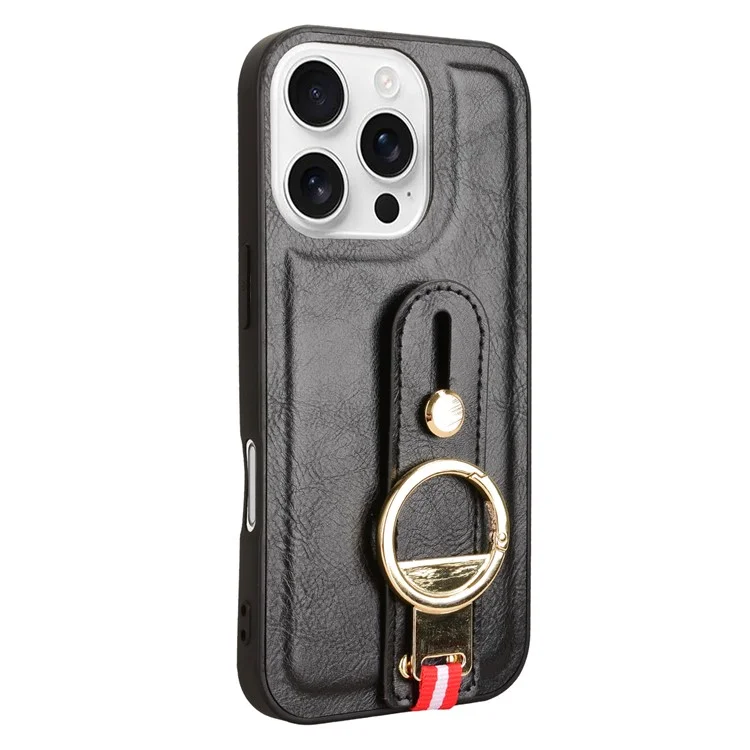 Pour Iphone 16 Pro Max Case Wristband Kickstand Leather + pc + Tpu Téléphone Couvercle Avec Ouvre-bouteille - Noir