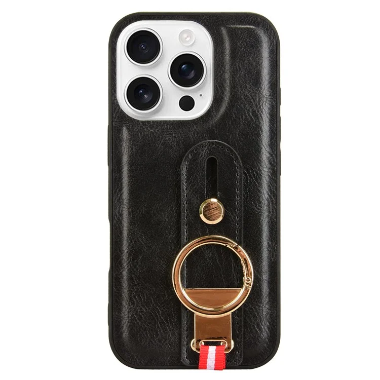 Pour Iphone 16 Pro Max Case Wristband Kickstand Leather + pc + Tpu Téléphone Couvercle Avec Ouvre-bouteille - Noir
