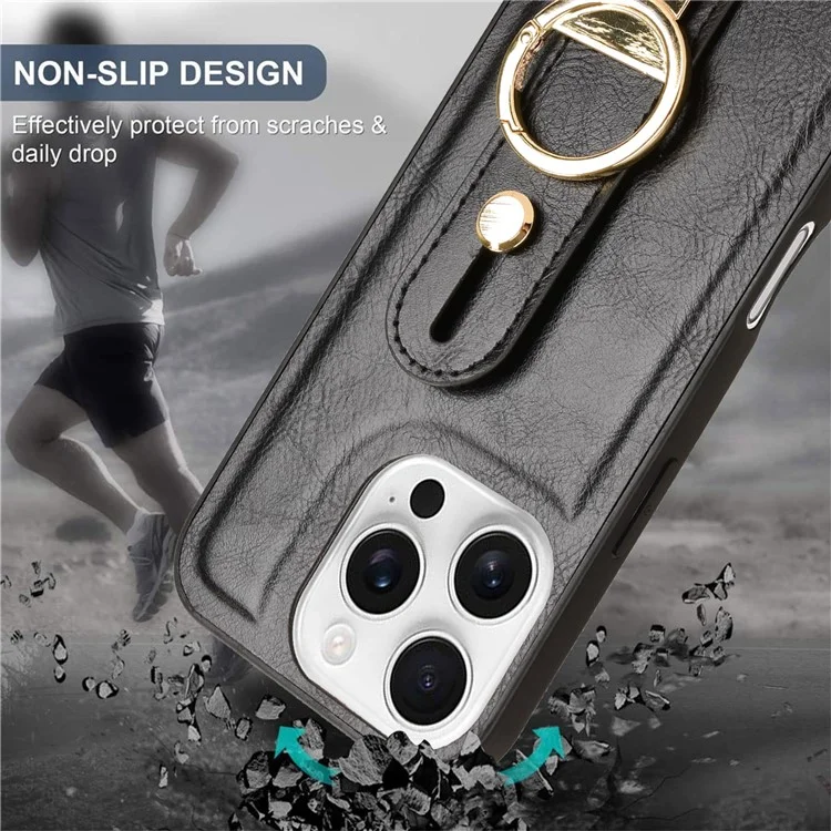 Pour Iphone 16 Pro Max Case Wristband Kickstand Leather + pc + Tpu Téléphone Couvercle Avec Ouvre-bouteille - Noir