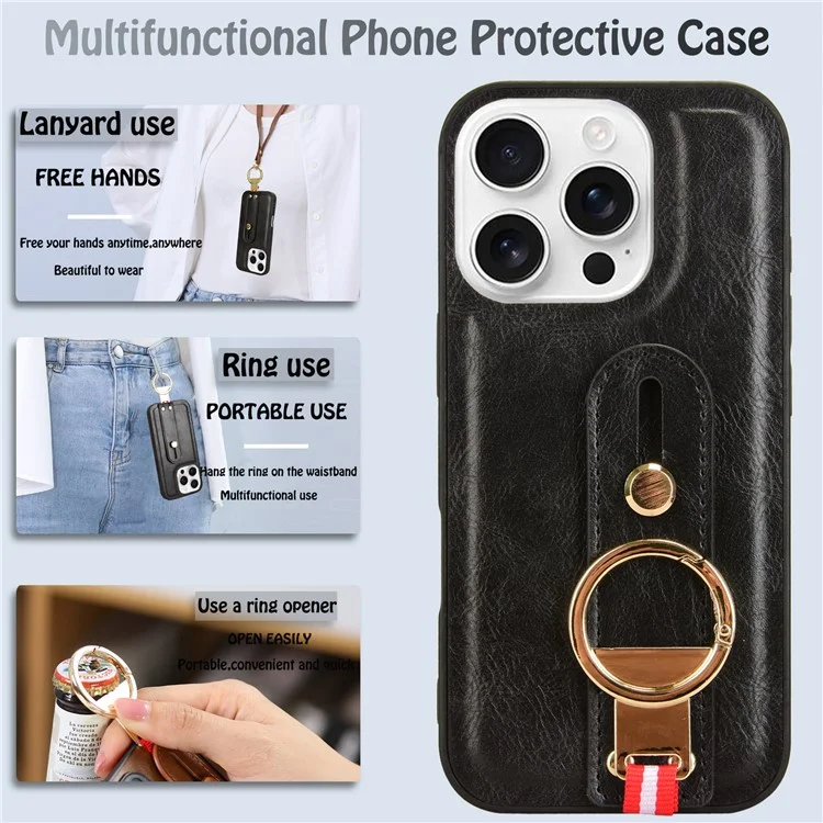 Pour Iphone 16 Pro Max Case Wristband Kickstand Leather + pc + Tpu Téléphone Couvercle Avec Ouvre-bouteille - Noir