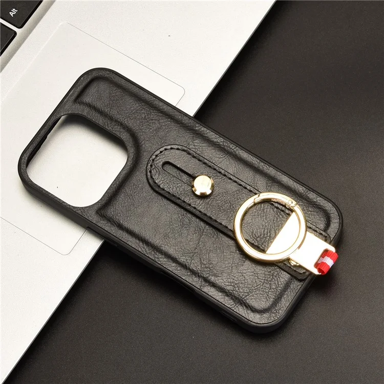 Pour Iphone 16 Pro Max Case Wristband Kickstand Leather + pc + Tpu Téléphone Couvercle Avec Ouvre-bouteille - Noir