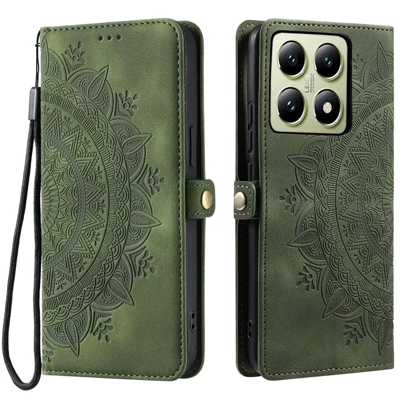 Estilo 016 Para Xiaomi 14t Case Skin Feel Totem Impresión de la Billetera Cubierta Del Teléfono de Cuero - Verde Negruzco