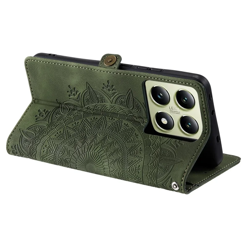 Estilo 016 Para Xiaomi 14t Case Skin Feel Totem Impresión de la Billetera Cubierta Del Teléfono de Cuero - Verde Negruzco