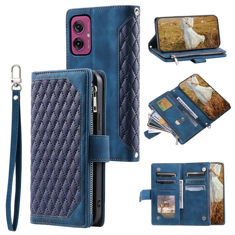 Style 005 For Motorola Moto G55 5G Wallet Case Rhombus Stitching Line PU Leather Phone Cover - Blue