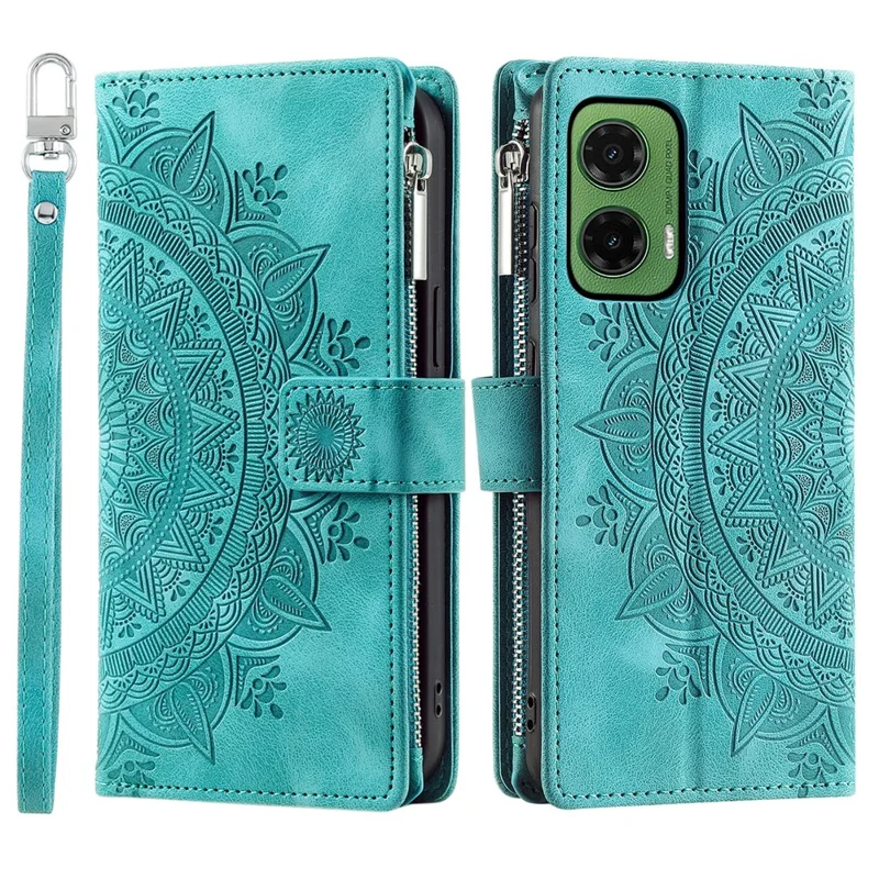 Style 006 For Motorola Moto G35 5G Wallet Case PU Leather Phone Cover Mandala Flower Pattern - Mint Green