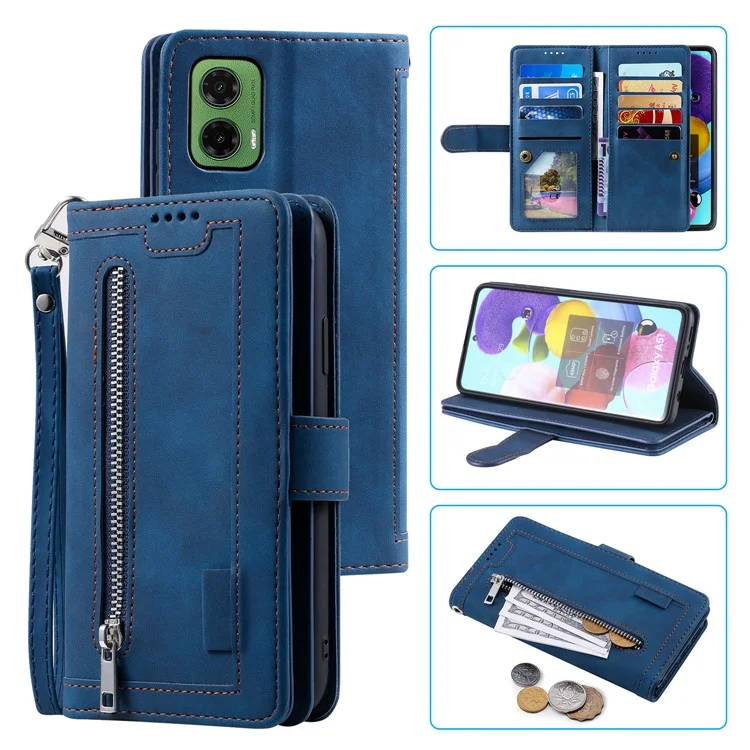 Para Motorola Moto G35 5G Case PU Cubierta de Teléfono de Cuero Con Billetera Con Cremallera 9 Ranuras Para Tarjetas - Azul