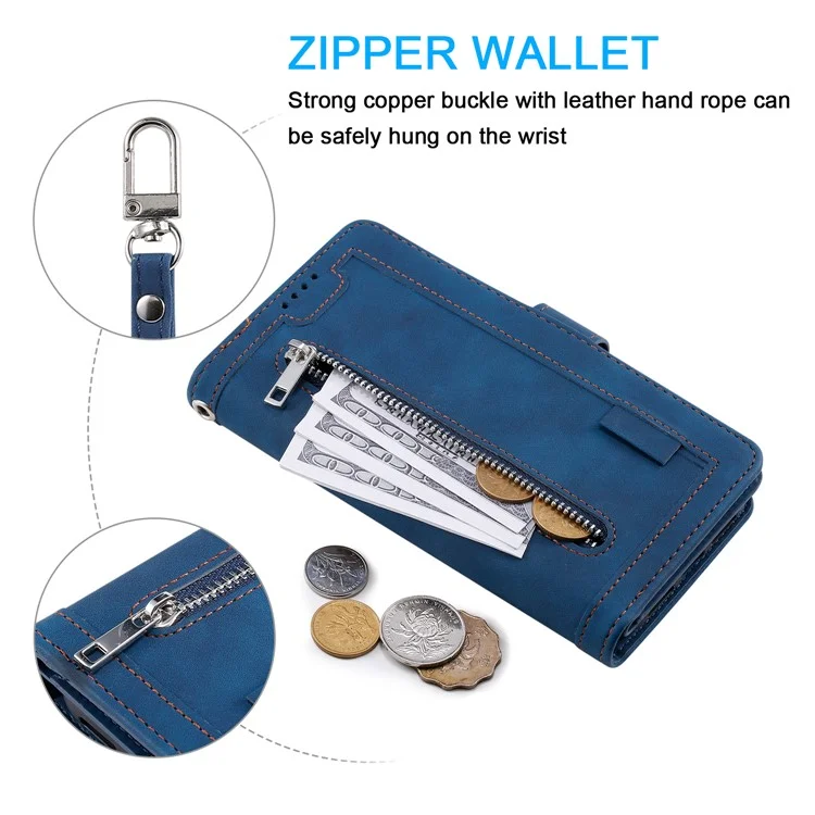 Para Motorola Moto G35 5G Case PU Cubierta de Teléfono de Cuero Con Billetera Con Cremallera 9 Ranuras Para Tarjetas - Azul