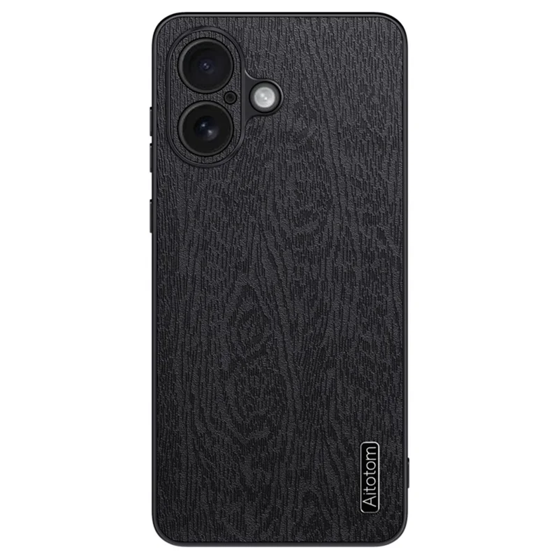 For iPhone 16 Plus Case Wood Texture PU Leather Coated PC+TPU Phone Cover - Black