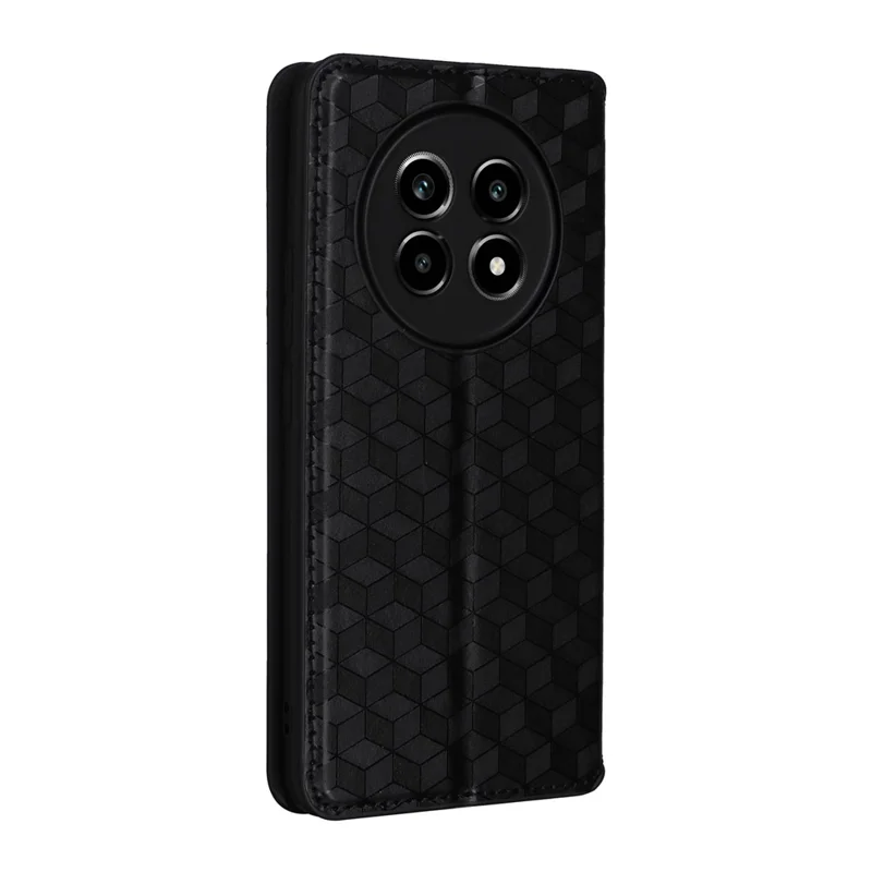 For Realme 13+ 5G / 13 Pro 5G (China) Wallet Case Rhombus Imprinted Leather Phone Cover - Black